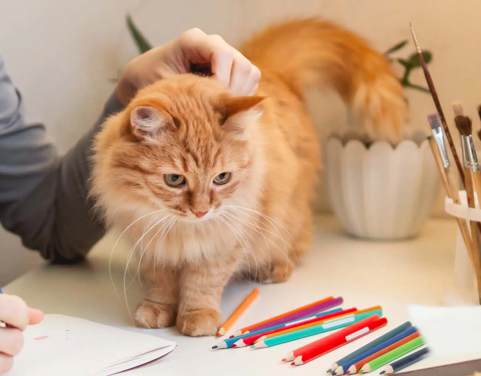 Cat with Pencils and Artwork